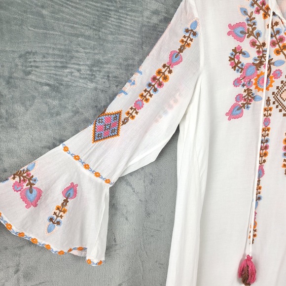 Womens Dress Medium White Boho Peasant Retro Embroidered Floral Tassels Festival - Picture 4 of 9
